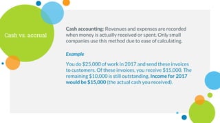 Cash vs. accrual
Cash accounting: Revenues and expenses are recorded
when money is actually received or spent. Only small
companies use this method due to ease of calculating.
Example
You do $25,000 of work in 2017 and send these invoices
to customers. Of these invoices, you receive $15,000. The
remaining $10,000 is still outstanding. Income for 2017
would be $15,000 (the actual cash you received).
 