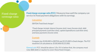 Fixed charge
coverage ratio
Fixed charge coverage ratio (FCC): Measures how well the company can
service its fixed payment obligations with its earnings.
Calculation
EBITDA/Total fixed charges*
*Fixed charges include: Interest (income stmt), taxes (income stmt), debt
principal payments (cash flow stmt), capital expenditures (cash flow stmt),
and lease payments (income stmt).
Example
Company has $100,000 in EBITDA and $125,000 in fixed charges. The FCC
would be 0.8 calculated as: $100,000/$125,000.
General rule: FCC should be above 1.0x. If it is below that, the company must
raise $$$ (debt or equity) to cover these fixed charges.
 