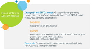Gross profit and
EBITDA margin
Gross profit and EBITDA margin: Gross profit margin mainly
measures a company’s production efficiency. The EBITDA margin
measures a company’s profitability.
Calculation
Gross profit (or EBITDA)/Revenue
Example
Company has $100,000 in revenue and $25,000 in COGS. The gross
profit margin would be 75% calculated as:
($100,000 - $25,000) / $100,000
General rule: Either ratio should be compared to competitors in your
field. Obviously, the higher the better.
 