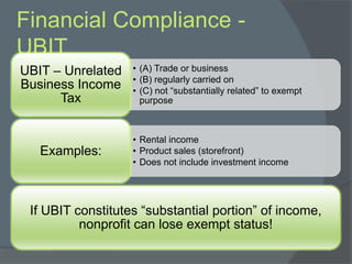 Financial Compliance -
UBIT
• (A) Trade or business
• (B) regularly carried on
• (C) not “substantially related” to exempt...