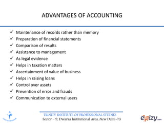 TRINITY INSTITUTE OF PROFESSIONAL STUDIES
Sector – 9, Dwarka Institutional Area, New Delhi-75
ADVANTAGES OF ACCOUNTING
 Maintenance of records rather than memory
 Preparation of financial statements
 Comparison of results
 Assistance to management
 As legal evidence
 Helps in taxation matters
 Ascertainment of value of business
 Helps in raising loans
 Control over assets
 Prevention of error and frauds
 Communication to external users
 