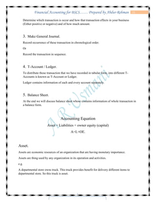 11Financial Accounting for BSCS…… Prepared by Abdur-Rehman
Determine which transaction is occur and how that transaction effects in your business
(Either positive or negative) and of how much amount.
3. Make General Journal.
Record occurrence of these transaction in chronological order.
Or
Record the transaction in sequence.
4. T-Account / Ledger.
To distribute those transaction that we have recorded in tabular form, into different T-
Accounts is known as T-Account or Ledger.
Ledger contains information of each and every account separately.
5. Balance Sheet.
At the end we will discuss balance sheet whose contains information of whole transaction in
a balance form.
Accounting Equation
Asset = Liabilities + owner equity (capital)
A=L+OE.
Asset.
Assets are economic resources of an organization that are having monetary importance.
Assets are thing used by any organization in its operation and activities.
e.g.
A departmental store owns truck. This truck provides benefit for delivery different items to
departmental store. So this truck is asset.
 