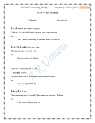 12Financial Accounting for BSCS…… Prepared by Abdur-Rehman
Main Types of Asset
Fixed Asset Current Asset
Fixed Asset. (More than one year)
These are the assets held by the business on a long term basis.
e.g.
Land, Furniture, Building, Machinery, Motor vehicles etc.
Current Asset (Within one year)
Those assets held on shorter basis.
e.g.
Cash, Account receivable etc.
There are some other types of asset.
Tangible Asset.
Those asset that can be touch or they have sort of existence.
e.g.
Cash, Land, Furniture etc.
Intangible Asset.
Those asset that cannot be touch. These assets has imaginary feelings.
e.g.
Brand Name, Slogans, logo etc.
 