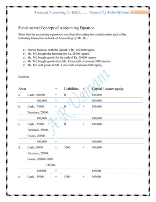 15Financial Accounting for BSCS…… Prepared by Abdur-Rehman
Fundamental Concept of Accounting Equation
Show that the accounting equation is satisfied after taking into consideration each of the
following transaction in book of Accounting by Mr. ML.
a) Started business with the capital of Rs. 100,000 rupees.
b) Mr. ML bought the furniture for Rs. 25000 rupees.
c) Mr. ML bought goods for the cash of Rs. 20,000 rupees.
d) Mr. ML bought goods from Mr. X on credit of amount 5000 rupees.
e) Mr. ML sold goods to Mr. Y on credit of amount 800 rupees.
Solution.
Asset = Liabilities + Capital / owner equity.
a. Cash, 100,000 = 0 + 100,000
100,000 = 100,000
b. Cash, 75000 = 0 + 100,000
Furniture, 25000.
100,000 = 100,000
c. Cash, 55000 = 0 + 100,000
Furniture, 25000.
Goods, 20000.
100,000 = 100,000
d. Cash, 55000 = 5000 + 100,000
Furniture, 25000.
Goods, 20000+5000
=25000.
105000 = 105000
e. Cash, 55000 = 5000 + 105000
 