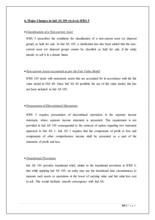14 | P a g e
6. Major Changes in Ind AS 105 vis-à-vis IFRS 5
 Classification of a Non-current Asset
IFRS 5 prescribes the conditions for classification of a non-current asset (or disposal
group) as held for sale. In Ind AS 105, a clarification has also been added that the non-
current asset (or disposal group) cannot be classified as held for sale, if the entity
intends to sell it in a distant future.
 Non-current Assets accounted as per the Fair Value Model
IFRS 105 deals with noncurrent assets that are accounted for in accordance with the fair
value model in IAS 40. Since Ind AS 40 prohibits the use of fair value model, this has
not been included in Ind AS 105.
 Presentation of Discontinued Operations
IFRS 5 requires presentation of discontinued operations in the separate income
statement, where separate income statement is presented. This requirement is not
provided in Ind AS 105 consequential to the removal of option regarding two statement
approach in Ind AS 1. Ind AS 1 requires that the components of profit or loss and
components of other comprehensive income shall be presented as a part of the
statement of profit and loss.
 Transitional Provisions
Ind AS 101 provides transitional relief, similar to the transitional provisions in IFRS 5,
that while applying Ind AS 105, an entity may use the transitional date circumstances to
measure such assets or operations at the lower of carrying value and fair value less cost
to sell. This would facilitate smooth convergence with Ind AS.
 