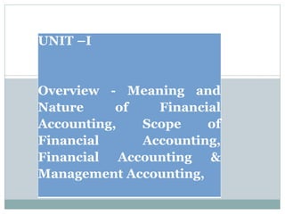 UNIT –I
Overview - Meaning and
Nature of Financial
Accounting, Scope of
Financial Accounting,
Financial Accounting &
Management Accounting,
 