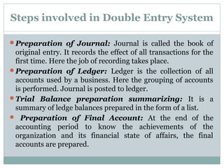Steps involved in Double Entry System
Preparation of Journal: Journal is called the book of
original entry. It records the effect of all transactions for the
first time. Here the job of recording takes place.
Preparation of Ledger: Ledger is the collection of all
accounts used by a business. Here the grouping of accounts
is performed. Journal is posted to ledger.
Trial Balance preparation summarizing: It is a
summary of ledge balances prepared in the form of a list.
 Preparation of Final Account: At the end of the
accounting period to know the achievements of the
organization and its financial state of affairs, the final
accounts are prepared.
 