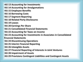•AS 13 Accounting for Investments
•AS 14 Accounting for Amalgamations
•AS 15 Employee Benefits
•AS 16 Borrowing Costs
•AS 17 Segment Reporting
•AS 18 Related Party Disclosures
•AS 19 Leases
•AS 20 Earnings Per Share
•AS 21 Consolidated Financial Statements
•AS 22 Accounting for Taxes on Income
•AS 23 Accounting for Investments in Associates in Consolidated
Financial Statements
•AS 24 Discontinuing Operations
•AS 25 Interim Financial Reporting
•AS 26 Intangible Assets
•AS 27 Financial Reporting of Interests in Joint Ventures
•AS 28 Impairment of Assets
•AS 29 Provisions Contingent Liabilities and Contingent Assets
 