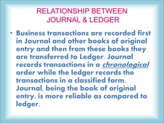 RELATIONSHIP BETWEEN
JOURNAL & LEDGER
• Business transactions are recorded first
in Journal and other books of original
entry and then from these books they
are transferred to Ledger. Journal
records transactions in a chronological
order while the ledger records the
transactions in a classified form.
Journal, being the book of original
entry, is more reliable as compared to
ledger.
 
