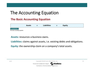 The Accounting Equation
13
Copyright ©2019 John Wiley & Son, Inc.
LO 3
Assets: resources a business owns.
Liabilities: claims against assets, i.e. existing debts and obligations.
Equity: the ownership claim on a company’s total assets.
The Basic Accounting Equation
Downloaded by Talila Sida (talilasida175@gmail.com)
lOMoARcPSD|37000060
 