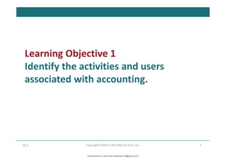 Learning Objective 1
Identify the activities and users
associated with accounting.
2
Copyright ©2019 John Wiley & Sons, Inc.
LO 1
Downloaded by Talila Sida (talilasida175@gmail.com)
lOMoARcPSD|37000060
 