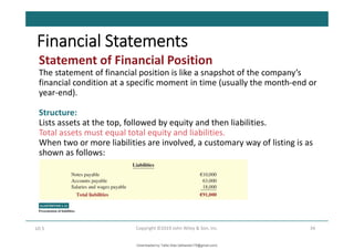 Statement of Financial Position
The statement of financial position is like a snapshot of the company’s
financial condition at a specific moment in time (usually the month-end or
year-end).
Structure:
Lists assets at the top, followed by equity and then liabilities.
Total assets must equal total equity and liabilities.
When two or more liabilities are involved, a customary way of listing is as
shown as follows:
34
Copyright ©2019 John Wiley & Son, Inc.
LO 5
Financial Statements
Downloaded by Talila Sida (talilasida175@gmail.com)
lOMoARcPSD|37000060
 