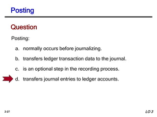 2-27
Posting:
a. normally occurs before journalizing.
b. transfers ledger transaction data to the journal.
c. is an optional step in the recording process.
d. transfers journal entries to ledger accounts.
Posting
Question
LO 3
 