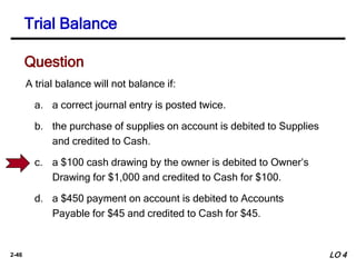2-46
A trial balance will not balance if:
a. a correct journal entry is posted twice.
b. the purchase of supplies on account is debited to Supplies
and credited to Cash.
c. a $100 cash drawing by the owner is debited to Owner’s
Drawing for $1,000 and credited to Cash for $100.
d. a $450 payment on account is debited to Accounts
Payable for $45 and credited to Cash for $45.
Trial Balance
Question
LO 4
 