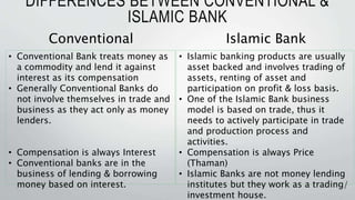 DIFFERENCES BETWEEN CONVENTIONAL &
ISLAMIC BANK
Conventional Islamic Bank
• Conventional Bank treats money as
a commodity and lend it against
interest as its compensation
• Generally Conventional Banks do
not involve themselves in trade and
business as they act only as money
lenders.
• Compensation is always Interest
• Conventional banks are in the
business of lending & borrowing
money based on interest.
• Islamic banking products are usually
asset backed and involves trading of
assets, renting of asset and
participation on profit & loss basis.
• One of the Islamic Bank business
model is based on trade, thus it
needs to actively participate in trade
and production process and
activities.
• Compensation is always Price
(Thaman)
• Islamic Banks are not money lending
institutes but they work as a trading/
investment house.
 
