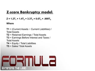 Z-score Bankruptcy model:
Z = 1.2T1 + 1.4T2 + 3.3T3 + 0.6T4 + .999T5
Where
T1 = (Current Assets − Current Liabilities) /
Total Assets
T2 = Retained Earnings / Total Assets
T3 = Earnings Before Interest and Taxes /
Total Assets
T4 = Equity / Total Liabilities
T5 = Sales/ Total Assets
 