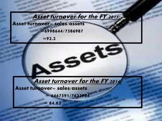 Asset turnover for the FY 2015:
Asset turnover= sales/assets
=6998644/7586987
=92.2
Asset turnover for the FY 2014:
Asset turnover= sales/assets
= 6467591/7623904
= 84.83
 
