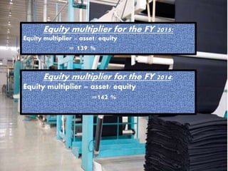 Equity multiplier for the FY 2015:
Equity multiplier = asset/ equity
= 139 %
Equity multiplier for the FY 2014:
Equity multiplier = asset/ equity
=142 %
 