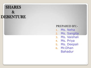 SHARES
&
DEBENTURE
PREPARED BY:-
1. Ms. Neha
2. Ms. Sangita
3. Ms. Vaishali
4. Ms. Priya
5. Ms. Deepali
6. Mr.Dhan
Bahadur
1
 