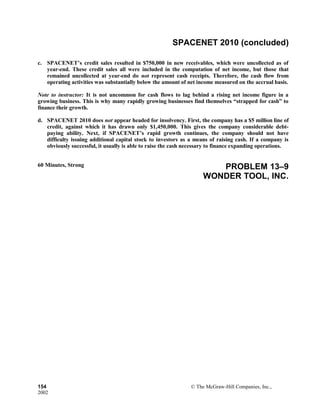 SPACENET 2010 (concluded)
c. SPACENET’s credit sales resulted in $750,000 in new receivables, which were uncollected as of
year-end. These credit sales all were included in the computation of net income, but those that
remained uncollected at year-end do not represent cash receipts. Therefore, the cash flow from
operating activities was substantially below the amount of net income measured on the accrual basis.
Note to instructor: It is not uncommon for cash flows to lag behind a rising net income figure in a
growing business. This is why many rapidly growing businesses find themselves “strapped for cash” to
finance their growth.
d. SPACENET 2010 does not appear headed for insolvency. First, the company has a $5 million line of
credit, against which it has drawn only $1,450,000. This gives the company considerable debt-
paying ability. Next, if SPACENET’s rapid growth continues, the company should not have
difficulty issuing additional capital stock to investors as a means of raising cash. If a company is
obviously successful, it usually is able to raise the cash necessary to finance expanding operations.
60 Minutes, Strong PROBLEM 13–9
WONDER TOOL, INC.
154 © The McGraw-Hill Companies, Inc.,
2002
 