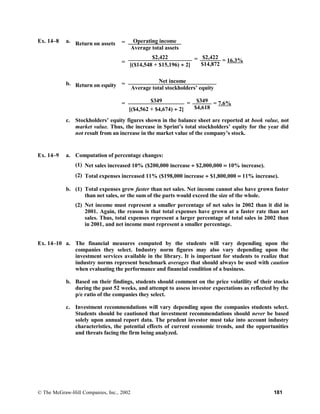 Ex. 14–8 a. Return on assets = Operating income
Average total assets
=
$2,422 = $2,422
= 16.3%
[($14,548 + $15,196) ÷ 2] $14,872
Return on equity = Net incomeb.
Average total stockholders’ equity
= $349 $349 = 7.6%
[($4,562 + $4,674) ÷ 2]
=
$4,618
c. Stockholders’ equity figures shown in the balance sheet are reported at book value, not
market value. Thus, the increase in Sprint’s total stockholders’ equity for the year did
not result from an increase in the market value of the company’s stock.
Ex. 14–9 a. Computation of percentage changes:
(1) Net sales increased 10% ($200,000 increase ÷ $2,000,000 = 10% increase).
(2) Total expenses increased 11% ($198,000 increase ÷ $1,800,000 = 11% increase).
b. (1) Total expenses grew faster than net sales. Net income cannot also have grown faster
than net sales, or the sum of the parts would exceed the size of the whole.
(2) Net income must represent a smaller percentage of net sales in 2002 than it did in
2001. Again, the reason is that total expenses have grown at a faster rate than net
sales. Thus, total expenses represent a larger percentage of total sales in 2002 than
in 2001, and net income must represent a smaller percentage.
Ex. 14–10 a. The financial measures computed by the students will vary depending upon the
companies they select. Industry norm figures may also vary depending upon the
investment services available in the library. It is important for students to realize that
industry norms represent benchmark averages that should always be used with caution
when evaluating the performance and financial condition of a business.
b. Based on their findings, students should comment on the price volatility of their stocks
during the past 52 weeks, and attempt to assess investor expectations as reflected by the
p/e ratio of the companies they select.
c. Investment recommendations will vary depending upon the companies students select.
Students should be cautioned that investment recommendations should never be based
solely upon annual report data. The prudent investor must take into account industry
characteristics, the potential effects of current economic trends, and the opportunities
and threats facing the firm being analyzed.
© The McGraw-Hill Companies, Inc., 2002 181
 