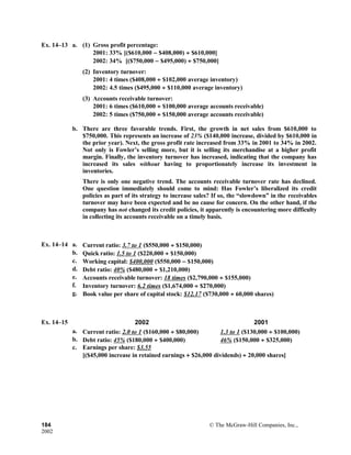 Ex. 14–13 a. (1) Gross profit percentage:
2001: 33% [($610,000 − $408,000) ÷ $610,000]
2002: 34% [($750,000 − $495,000) ÷ $750,000]
(2) Inventory turnover:
2001: 4 times ($408,000 ÷ $102,000 average inventory)
2002: 4.5 times ($495,000 ÷ $110,000 average inventory)
(3) Accounts receivable turnover:
2001: 6 times ($610,000 ÷ $100,000 average accounts receivable)
2002: 5 times ($750,000 ÷ $150,000 average accounts receivable)
b. There are three favorable trends. First, the growth in net sales from $610,000 to
$750,000. This represents an increase of 23% ($140,000 increase, divided by $610,000 in
the prior year). Next, the gross profit rate increased from 33% in 2001 to 34% in 2002.
Not only is Fowler’s selling more, but it is selling its merchandise at a higher profit
margin. Finally, the inventory turnover has increased, indicating that the company has
increased its sales without having to proportionately increase its investment in
inventories.
There is only one negative trend. The accounts receivable turnover rate has declined.
One question immediately should come to mind: Has Fowler’s liberalized its credit
policies as part of its strategy to increase sales? If so, the “slowdown” in the receivables
turnover may have been expected and be no cause for concern. On the other hand, if the
company has not changed its credit policies, it apparently is encountering more difficulty
in collecting its accounts receivable on a timely basis.
Ex. 14–14 a. Current ratio: 3.7 to 1 ($550,000 ÷ $150,000)
b. Quick ratio: 1.5 to 1 ($220,000 ÷ $150,000)
c. Working capital: $400,000 ($550,000 − $150,000)
d. Debt ratio: 40% ($480,000 ÷ $1,210,000)
e. Accounts receivable turnover: 18 times ($2,790,000 ÷ $155,000)
f. Inventory turnover: 6.2 times ($1,674,000 ÷ $270,000)
g. Book value per share of capital stock: $12.17 ($730,000 ÷ 60,000 shares)
Ex. 14–15 2002 2001
a. Current ratio: 2.0 to 1 ($160,000 ÷ $80,000) 1.3 to 1 ($130,000 ÷ $100,000)
b. Debt ratio: 45% ($180,000 ÷ $400,000) 46% ($150,000 ÷ $325,000)
c. Earnings per share: $3.55
[($45,000 increase in retained earnings + $26,000 dividends) ÷ 20,000 shares]
184 © The McGraw-Hill Companies, Inc.,
2002
 