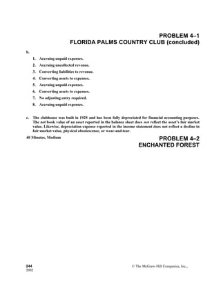 PROBLEM 4–1
FLORIDA PALMS COUNTRY CLUB (concluded)
b.
1. Accruing unpaid expenses.
2. Accruing uncollected revenue.
3. Converting liabilities to revenue.
4. Converting assets to expenses.
5. Accruing unpaid expenses.
6. Converting assets to expenses.
7. No adjusting entry required.
8. Accruing unpaid expenses.
c. The clubhouse was built in 1925 and has been fully depreciated for financial accounting purposes.
The net book value of an asset reported in the balance sheet does not reflect the asset’s fair market
value. Likewise, depreciation expense reported in the income statement does not reflect a decline in
fair market value, physical obsolescence, or wear-and-tear.
40 Minutes, Medium PROBLEM 4–2
ENCHANTED FOREST
244 © The McGraw-Hill Companies, Inc.,
2002
 