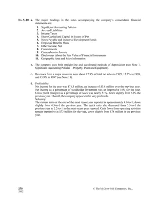 Ex. 5–10 a. The major headings in the notes accompanying the company’s consolidated financial
statements are:
1. Significant Accounting Policies
2. Accrued Liabilities
3. Income Taxes
4. Share Capital and Capital in Excess of Par
5. Notes Payable and Industrial Development Bonds
6. Employee Benefits Plans
7. Other Income, Net
8. Commitments
9. Comprehensive Income
10. Disclosures About the Fair Value of Financial Instruments
11. Geographic Area and Sales Information
b. The company uses both straight-line and accelerated methods of depreciation (see Note 1,
Significant Accounting Policies—Property, Plant and Equipment).
c. Revenues from a major customer were about 17.9% of total net sales in 1999, 17.2% in 1998,
and 15.9% in 1997 (see Note 11).
d. Profitability:
Net income for the year was $71.3 million, an increase of $3.8 million over the previous year.
Net income as a percentage of stockholder investment was an impressive 16% for the year.
Gross profit (margin) as a percentage of sales was nearly 51%, down slightly from 52% the
previous year. Overall, the company appears to be very profitable.
Solvency:
The current ratio at the end of the most recent year reported is approximately 4.0-to-1, down
slightly from 4.3-to-1 the previous year. The quick ratio also decreased from 3.5-to-1 the
previous year to 3.2-to-1 in the most recent year reported. Cash flows from operating activities
remain impressive at $73 million for the year, down slightly from $78 million in the previous
year.
270 © The McGraw-Hill Companies, Inc.,
2002
 