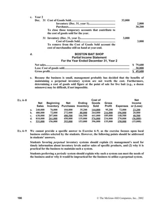 c. Year 2
Dec. 31 Cost of Goods Sold............................................................ 33,000
Inventory (Dec. 31, year 1)................................... 2,800
Purchases............................................................... 30,200
To close those temporary accounts that contribute to
the cost of goods sold for the year.
31 Inventory (Dec. 31, year 2)............................................... 3,000
Cost of Goods Sold................................................ 3,000
To remove from the Cost of Goods Sold account the
cost of merchandise still on hand at year-end.
d. BOSTON BAIT SHOP
Partial Income Statement
For the Year Ended December 31, Year 2
Net sales..................................................................................................................
Less: Cost of goods sold........................................................................................
Gross profit............................................................................................................
$ 79,600
30,000
$ 49,600
e. Because the business is small, management probably has decided that the benefits of
maintaining a perpetual inventory system are not worth the cost. Furthermore,
determining a cost of goods sold figure at the point of sale for live bait (e.g., a dozen
minnows) may be difficult, if not impossible.
Ex. 6–8
Net
Sales
Beginning
Inventory
Net
Purchases
Ending
Inventory
Cost of
Goods
Sold
Gross
Profit Expenses
Net
Income
or (Loss)
a.
b.
c.
d.
e.
240,000
480,000
630,000
810,000
531,000
76,000 
72,000 
207,000
261,000
156,000
104,000
272,000
400,500
450,000
393,000
35,200 
80,000
166,500
135,000
153,000
144,800
264,000
441,000
576,000
396,000
95,200 
216,000
189,000
234,000
135,000
72,000 
196,000
148,500
270,000
150,000
23,200
20,000
40,500
(36,000)
(15,000)
Ex. 6–9 We cannot provide a specific answer to Exercise 6–9, as the exercise focuses upon local
business entities selected by the students. However, the following points should be addressed
in students’ answers.
Students favoring perpetual inventory systems should explain (1) management’s need for
timely information about inventory levels and/or sales of specific products, and (2) why it is
practical for the business to maintain such a system.
Students preferring a periodic system should explain why such a system can meet the needs of
the business and/or why it would be impractical for the business to utilize a perpetual system.
190 © The McGraw-Hill Companies, Inc., 2002
 