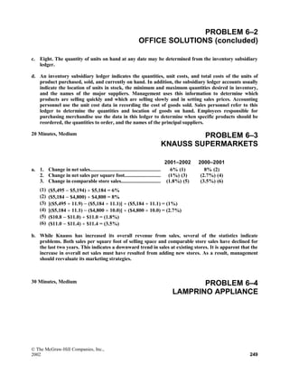 PROBLEM 6–2
OFFICE SOLUTIONS (concluded)
c. Eight. The quantity of units on hand at any date may be determined from the inventory subsidiary
ledger.
d. An inventory subsidiary ledger indicates the quantities, unit costs, and total costs of the units of
product purchased, sold, and currently on hand. In addition, the subsidiary ledger accounts usually
indicate the location of units in stock, the minimum and maximum quantities desired in inventory,
and the names of the major suppliers. Management uses this information to determine which
products are selling quickly and which are selling slowly and in setting sales prices. Accounting
personnel use the unit cost data in recording the cost of goods sold. Sales personnel refer to this
ledger to determine the quantities and location of goods on hand. Employees responsible for
purchasing merchandise use the data in this ledger to determine when specific products should be
reordered, the quantities to order, and the names of the principal suppliers.
20 Minutes, Medium PROBLEM 6–3
KNAUSS SUPERMARKETS
2001–2002 2000–2001
a. 1.
2.
3.
Change in net sales.....................................................
Change in net sales per square foot...........................
Change in comparable store sales..............................
6% (1)
(1%) (3)
(1.8%) (5)
8% (2)
(2.7%) (4)
(3.5%) (6)
(1) ($5,495 − $5,194) ÷ $5,184 = 6%
(2) ($5,184 − $4,800) ÷ $4,800 = 8%
(3) [($5,495 ÷ 11.9) − ($5,184 ÷ 11.1)] ÷ ($5,184 ÷ 11.1) = (1%)
(4) [($5,184 ÷ 11.1) − ($4,800 ÷ 10.0)] ÷ ($4,800 ÷ 10.0) = (2.7%)
(5) ($10.8 − $11.0) ÷ $11.0 = (1.8%)
(6) ($11.0 − $11.4) ÷ $11.4 = (3.5%)
b. While Knauss has increased its overall revenue from sales, several of the statistics indicate
problems. Both sales per square foot of selling space and comparable store sales have declined for
the last two years. This indicates a downward trend in sales at existing stores. It is apparent that the
increase in overall net sales must have resulted from adding new stores. As a result, management
should reevaluate its marketing strategies.
30 Minutes, Medium PROBLEM 6–4
LAMPRINO APPLIANCE
© The McGraw-Hill Companies, Inc.,
2002 249
 