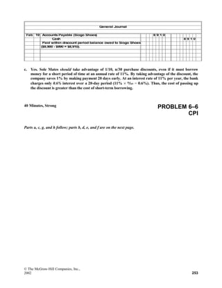 General Journal
Feb 19 Accounts Payable (Siogo Shoes) 8 9 1 0
Cash 8 9 1 0
Paid within discount period balance owed to Siogo Shoes
($9,900 - $990 = $8,910).
c. Yes. Sole Mates should take advantage of 1/10, n/30 purchase discounts, even if it must borrow
money for a short period of time at an annual rate of 11%. By taking advantage of the discount, the
company saves 1% by making payment 20 days early. At an interest rate of 11% per year, the bank
charges only 0.6% interest over a 20-day period (11% × 20
⁄365 = 0.6%). Thus, the cost of passing up
the discount is greater than the cost of short-term borrowing.
40 Minutes, Strong PROBLEM 6–6
CPI
Parts a, c, g, and h follow; parts b, d, e, and f are on the next page.
© The McGraw-Hill Companies, Inc.,
2002 253
 
