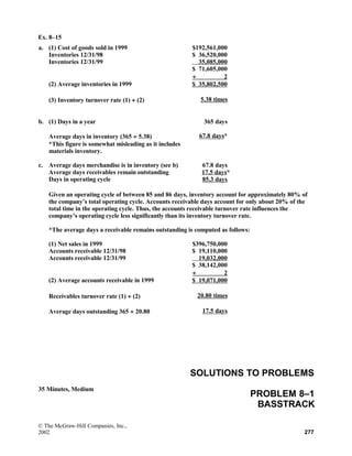 Ex. 8–15
a. (1) Cost of goods sold in 1999 $192,561,000
Inventories 12/31/98 $ 36,520,000
Inventories 12/31/99 35,085,000
$ 71,605,000
÷ 2
(2) Average inventories in 1999 $ 35,802,500
(3) Inventory turnover rate (1) ÷ (2) 5.38 times
b. (1) Days in a year 365 days
Average days in inventory (365 ÷ 5.38) 67.8 days*
*This figure is somewhat misleading as it includes
materials inventory.
c. Average days merchandise is in inventory (see b) 67.8 days
Average days receivables remain outstanding 17.5 days*
Days in operating cycle 85.3 days
Given an operating cycle of between 85 and 86 days, inventory account for approximately 80% of
the company’s total operating cycle. Accounts receivable days account for only about 20% of the
total time in the operating cycle. Thus, the accounts receivable turnover rate influences the
company’s operating cycle less significantly than its inventory turnover rate.
*The average days a receivable remains outstanding is computed as follows:
(1) Net sales in 1999 $396,750,000
Accounts receivable 12/31/98 $ 19,110,000
Accounts receivable 12/31/99 19,032,000
$ 38,142,000
÷ 2
(2) Average accounts receivable in 1999 $ 19,071,000
Receivables turnover rate (1) ÷ (2) 20.80 times
Average days outstanding 365 ÷ 20.80 17.5 days
35 Minutes, Medium
SOLUTIONS TO PROBLEMS
PROBLEM 8–1
BASSTRACK
© The McGraw-Hill Companies, Inc.,
2002 277
 