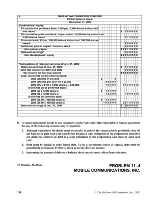 a. MANHATTAN TRANSPORT COMPANY
Partial Balance Sheet
December 31, 2002
Stockholders’ equity:
8% cumulative preferred stock, $100 par, 5,000 shares authorized
and issued $ 5 0 0 0 0 0
$9 cumulative preferred stock, no-par value, 10,000 shares authorized,
5,000 shares issued 5 1 2 0 0 0
Common stock, $2 par, 200,000 shares authorized, 100,000 shares
issued 2 0 0 0 0 0
Additional paid-in capital: Common stock 6 0 0 0 0 0
Total paid-in capital $ 1 8 1 2 0 0 0
Retained earnings* 6 4 0 0 0 0
Total stockholders’ equity $ 2 4 5 2 0 0 0
*Computation of retained earnings at Dec. 31, 2002:
Retained earnings at Dec. 31, 2000 $ 1 7 0 0 0 0
Add: Net income for 2001 and 2002 8 9 0 0 0 0
Net income for four-year period $ 1 0 6 0 0 0 0
Less: Dividends on 8% preferred stock:
2000 ($40,000 in arrears) $ 0
2001 ($40,000 per year for 2 years) 8 0 0 0 0
2002 (8% x $100 x 5,000 shares = $40,000) 4 0 0 0 0 ( 1 2 0 0 0 0 )
Dividends on $9 preferred stock:
2001 ($9 x 5,000 shares) $ 4 5 0 0 0
2002 ($9 x 5,000 shares) 4 5 0 0 0 ( 9 0 0 0 0 )
Dividends on common stock:
2001 ($0.50 x 100,000 shares) $ 5 0 0 0 0
2002 ($1.60 x 100,000 shares) 1 6 0 0 0 0 ( 2 1 0 0 0 0 )
Retained earnings at Dec. 31, 2002 $ 6 4 0 0 0 0
b. A corporation might decide to use cumulative preferred stock rather than debt to finance operations
for any of the following reasons (only 2 required):
1. Although cumulative dividends must eventually be paid if the corporation is profitable, they do
not have to be paid each year and do not become a legal obligation of the corporation until they
are declared. Interest on debt is a legal obligation of the corporation and must be paid each
year.
2. Debt must be repaid at some future date. To be a permanent source of capital, debt must be
periodically refinanced. Preferred stock generally does not mature.
3. Increasing the amount of debt on a balance sheet can adversely affect financial ratios.
35 Minutes, Medium PROBLEM 11–4
MOBILE COMMUNICATIONS, INC.
156 © The McGraw-Hill Companies, Inc., 2002
 