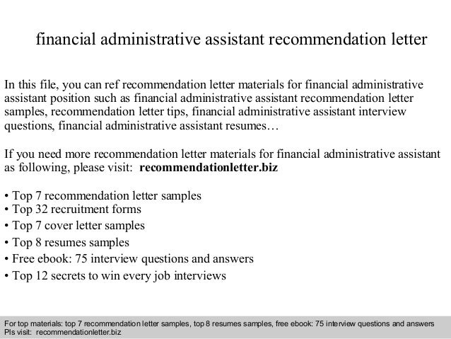 Financial Administrative Assistant Recommendation Letter
