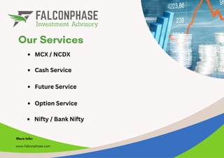Our Services
More Info:
www.falconphase.com
MCX / NCDX
Future Service
Option Service
Nifty / Bank Nifty
Cash Service
 