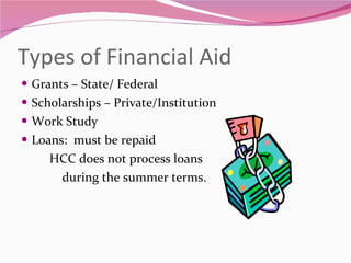 Types of Financial Aid Grants – State/ Federal Scholarships – Private/Institution Work Study  Loans:  must be repaid  HCC does not process loans  during the summer terms. 