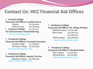 Contact Us: HCC Financial Aid Offices Central College Financial Aid Officer: Cynthia Harris Holman  713-718-6100 Willie Lee Gay  713-718-6654 Coleman College  713-718-7630  Fin Aid Associate: CharleneStrong  finaid.central@hccs.edu  Northeast College Financial Aid Officer: Consuelo Gonzalez Northline Mall  713-718-8080 Northeast College  713-718-8309 finaid.northeast@hccs.edu  Southeast College Financial Aid Officer: Juanita Trevino Eastside Campus  713-718-7030  [email_address] Southwest College Financial Aid Officer: Dr. Wilma Perkins   Stafford Campus  713-718-7785 West Loop  713-718-7722     713-718-7727 Alief Campus  713-718-6027 finaid.southwest@hccs.edu  Northwest College Financial Aid Officer: Elizabeth Soles Katy Campus  713-718-5901 Spring Branch  713-718-5692  [email_address]   