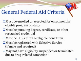 General Federal Aid Criteria
Must be enrolled or accepted for enrollment in
 eligible program of study
Must be pursuing degree, certificate, or other
 recognized credential
Must be U.S. citizen or eligible noncitizen
Must be registered with Selective Service
 (if male and required)
May not have eligibility suspended or terminated
 due to drug-related conviction
                                                    32
 