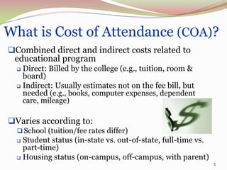 What is Cost of Attendance (COA)?
Combined direct and indirect costs related to
 educational program
   Direct: Billed by the college (e.g., tuition, room &
    board)
   Indirect: Usually estimates not on the fee bill, but
    needed (e.g., books, computer expenses, dependent
    care, mileage)

Varies according to:
   School (tuition/fee rates differ)
   Student status (in-state vs. out-of-state, full-time vs.
    part-time)
   Housing status (on-campus, off-campus, with parent)
                                                               5
 