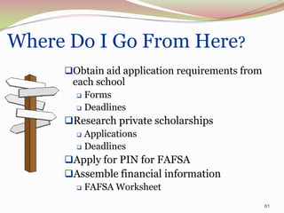 Where Do I Go From Here?
     Obtain aid application requirements from
      each school
        Forms
        Deadlines

     Research private scholarships
        Applications
        Deadlines

     Apply for PIN for FAFSA
     Assemble financial information
          FAFSA Worksheet
                                                 61
 