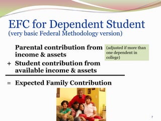 EFC for Dependent Student
(very basic Federal Methodology version)

  Parental contribution from      (adjusted if more than
                                  one dependent in
  income & assets                 college)
+ Student contribution from
  available income & assets
= Expected Family Contribution




                                                           7
 