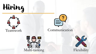 Hiring
Teamwork
Multi-tasking Flexibility
Communication
 