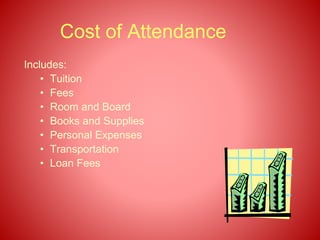 Cost of Attendance
Includes:
• Tuition
• Fees
• Room and Board
• Books and Supplies
• Personal Expenses
• Transportation
• Loan Fees
 