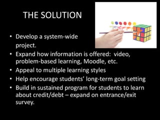 THE SOLUTION
• Develop a system-wide
project.
• Expand how information is offered: video,
problem-based learning, Moodle, etc.
• Appeal to multiple learning styles
• Help encourage students’ long-term goal setting
• Build in sustained program for students to learn
about credit/debt – expand on entrance/exit
survey.
 