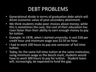 DEBT PROBLEMS
• Generational divide in terms of graduation debt which will
dilute economic value of post-secondary attainment.
• We think students make poor choices about money; while
this is sometimes the case, the cost of their education has
risen faster than their ability to earn enough money to pay
for tuition.
• Example: In 1978, when I started university, it cost $18 per
credit hour and minimum wage was $3.50 an hour.
• I had to work 100 hours to pay one semester of full-time
tuition.
• Today, for the same full-time tuition at the same institution,
using minimum wage as the bench mark, students would
have to work 300 hours to pay for tuition. Student loans
will, increasingly, be expected to fund the gap.
 