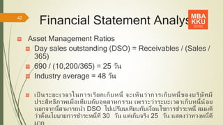 Financial Statement Analysis
Asset Management Ratios
Day sales outstanding (DSO) = Receivables / (Sales /
365)
690 / (10,200/365) = 25 วัน
Industry average = 48 วัน
เป็ นระยะเวลาในการเรียกเก็บหนี้ จะเห็นว่าการเก็บหนี้ของบริษัทมี
ประสิทธิภาพเมื่อเทียบกับอุตสาหกรรม เพราะว่าระยะเวลาเก็บหนี้น้อย
นอกจากนี้สามารถนา DSO ไปเปรียบเทียบกับเงื่อนไขการชาระหนี้ สมมติ
ว่าตั้งนโยบายการชาระหนี้ที่ 30 วัน แต่เก็บจริง 25 วัน แสดงว่าทวงหนี้ดี
มาก
42
 