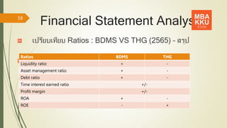 Financial Statement Analysis
เปรียบเทียบ Ratios : BDMS VS THG (2565) – สรุป
59
Ratios BDMS THG
Liquidity ratio + -
Asset management ratio + -
Debt ratio + -
Time interest earned ratio +/-
Profit margin +/-
ROA + -
ROE - +
 