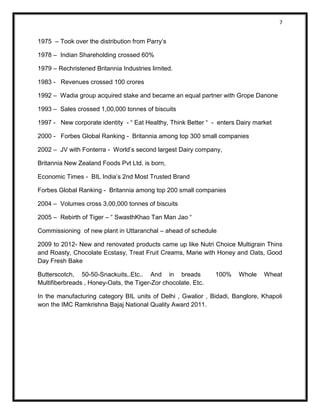 7 
1975 – Took over the distribution from Parry’s 
1978 – Indian Shareholding crossed 60% 
1979 – Rechristened Britannia Industries limited. 
1983 - Revenues crossed 100 crores 
1992 – Wadia group acquired stake and became an equal partner with Grope Danone 
1993 – Sales crossed 1,00,000 tonnes of biscuits 
1997 - New corporate identity - “ Eat Healthy, Think Better “ - enters Dairy market 
2000 - Forbes Global Ranking - Britannia among top 300 small companies 
2002 – JV with Fonterra - World’s second largest Dairy company, 
Britannia New Zealand Foods Pvt Ltd. is born, 
Economic Times - BIL India’s 2nd Most Trusted Brand 
Forbes Global Ranking - Britannia among top 200 small companies 
2004 – Volumes cross 3,00,000 tonnes of biscuits 
2005 – Rebirth of Tiger – “ SwasthKhao Tan Man Jao “ 
Commissioning of new plant in Uttaranchal – ahead of schedule 
2009 to 2012- New and renovated products came up like Nutri Choice Multigrain Thins and Roasty, Chocolate Ecstasy, Treat Fruit Creams, Marie with Honey and Oats, Good Day Fresh Bake 
Butterscotch, 50-50-Snackuits,.Etc.. And in breads 100% Whole Wheat Multifiberbreads , Honey-Oats, the Tiger-Zor chocolate. Etc. 
In the manufacturing category BIL units of Delhi , Gwalior , Bidadi, Banglore, Khapoli won the IMC Ramkrishna Bajaj National Quality Award 2011. 
 