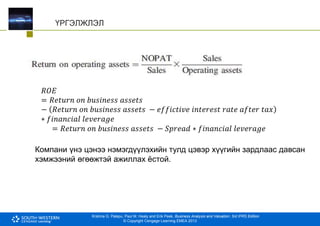Krishna G. Palepu, Paul M. Healy and Erik Peek, Business Analysis and Valuation: 3rd IFRS Edition
© Copyright Cengage Learning EMEA 2013
ҮРГЭЛЖЛЭЛ
𝑅𝑂𝐸
= 𝑅𝑒𝑡𝑢𝑟𝑛 𝑜𝑛 𝑏𝑢𝑠𝑖𝑛𝑒𝑠𝑠 𝑎𝑠𝑠𝑒𝑡𝑠
− 𝑅𝑒𝑡𝑢𝑟𝑛 𝑜𝑛 𝑏𝑢𝑠𝑖𝑛𝑒𝑠𝑠 𝑎𝑠𝑠𝑒𝑡𝑠 − 𝑒𝑓𝑓𝑖𝑐𝑡𝑖𝑣𝑒 𝑖𝑛𝑡𝑒𝑟𝑒𝑠𝑡 𝑟𝑎𝑡𝑒 𝑎𝑓𝑡𝑒𝑟 𝑡𝑎𝑥
∗ 𝑓𝑖𝑛𝑎𝑛𝑐𝑖𝑎𝑙 𝑙𝑒𝑣𝑒𝑟𝑎𝑔𝑒
= 𝑅𝑒𝑡𝑢𝑟𝑛 𝑜𝑛 𝑏𝑢𝑠𝑖𝑛𝑒𝑠𝑠 𝑎𝑠𝑠𝑒𝑡𝑠 − 𝑆𝑝𝑟𝑒𝑎𝑑 ∗ 𝑓𝑖𝑛𝑎𝑛𝑐𝑖𝑎𝑙 𝑙𝑒𝑣𝑒𝑟𝑎𝑔𝑒
Компани үнэ цэнээ нэмэгдүүлэхийн тулд цэвэр хүүгийн зардлаас давсан
хэмжээний өгөөжтэй ажиллах ёстой.
 