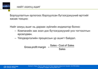 Krishna G. Palepu, Paul M. Healy and Erik Peek, Business Analysis and Valuation: 3rd IFRS Edition
© Copyright Cengage Learning EMEA 2013
НИЙТ АХИУЦ АШИГ
Борлуулалтын орлогоос борлуулсан бүтээгдэхүүний өртгийг
хасаж тооцно:
Нийт ахиуц ашиг нь дараах зүйлийн индикатор болно:
– Компанийн зах зээл дэх бүтээгдэхүүний үнэ тогтоолтын
өрсөлдөөн.
– Үйлдвэрлэлийн процессын үр ашигт байдал.
Sales
Sales
of
Cost
-
Sales
margin
profit
Gross 
 